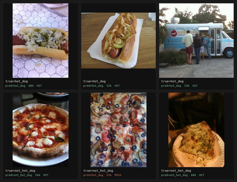 Six test images: three hot dogs and three not hot dogs, each with the model’s prediction